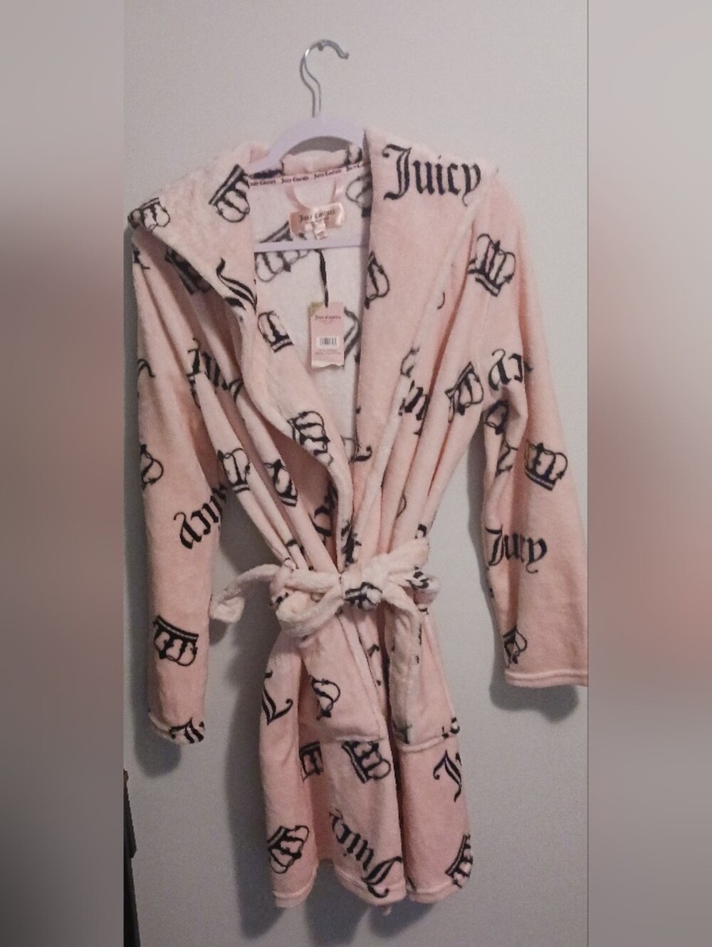 NWT Juicy Couture Pink Black Crown Logo Luxe Plush Hooded Robe L/XL